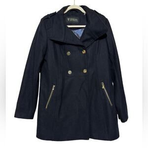 Guess‎ Navy Blue Gold Wool Blend Winter Pea Coat Women’s Size Medium